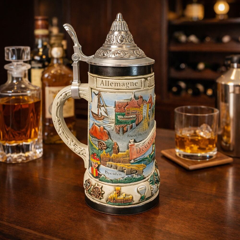 Vintage GERZ Germany Lidded Beer Stein – German Cityscape Relief – Pewter Lid